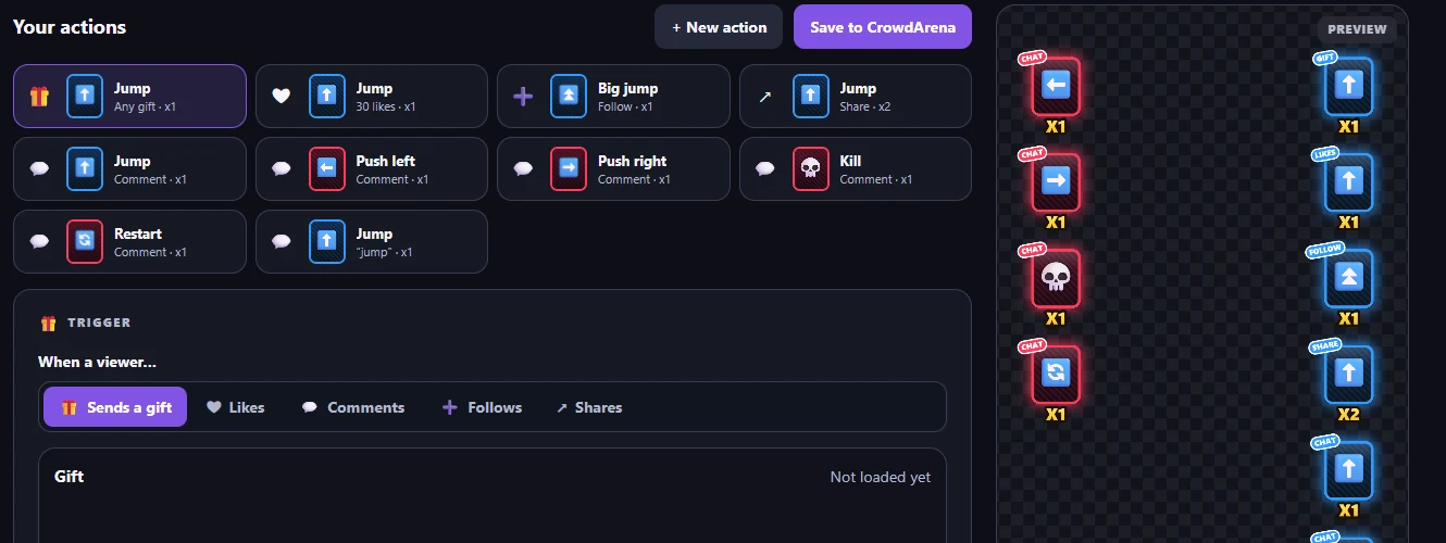 The Actions and overlays page: a grid of actions such as Jump for any gift, Jump every 30 likes, Big jump on follow and Push left on comment, with an overlay preview on the right.