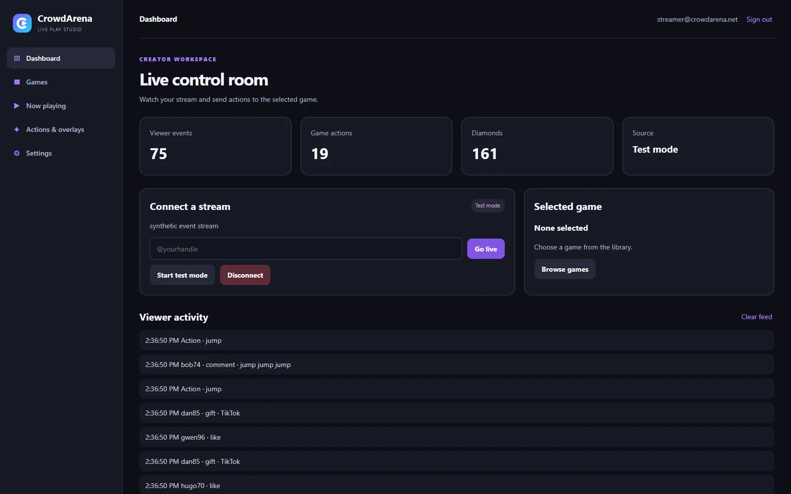 The CrowdArena app's Live control room: counters for viewer events, game actions and diamonds, a stream connection panel, and a live feed of gifts and the actions they triggered.