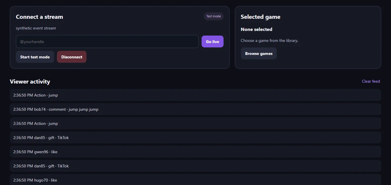 The live feed in test mode: a list of simulated gifts such as Rose, GG and Friendship Necklace, each followed by the jump action it triggered.